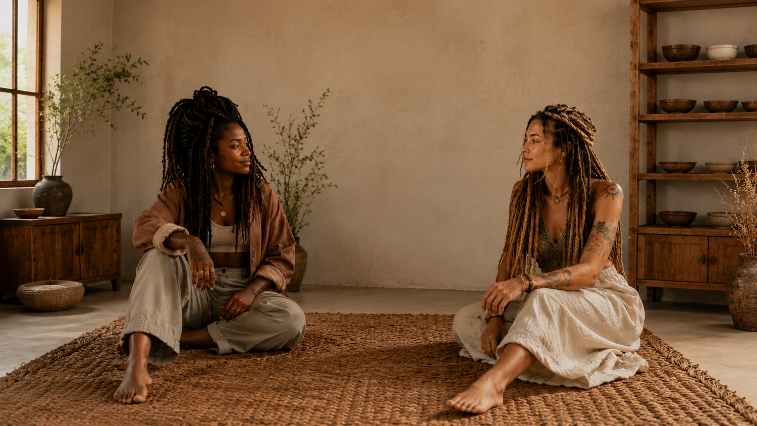 Two women with handcrafted dreadlock extensions for different loc textures including straight, kinky and synthetic styles