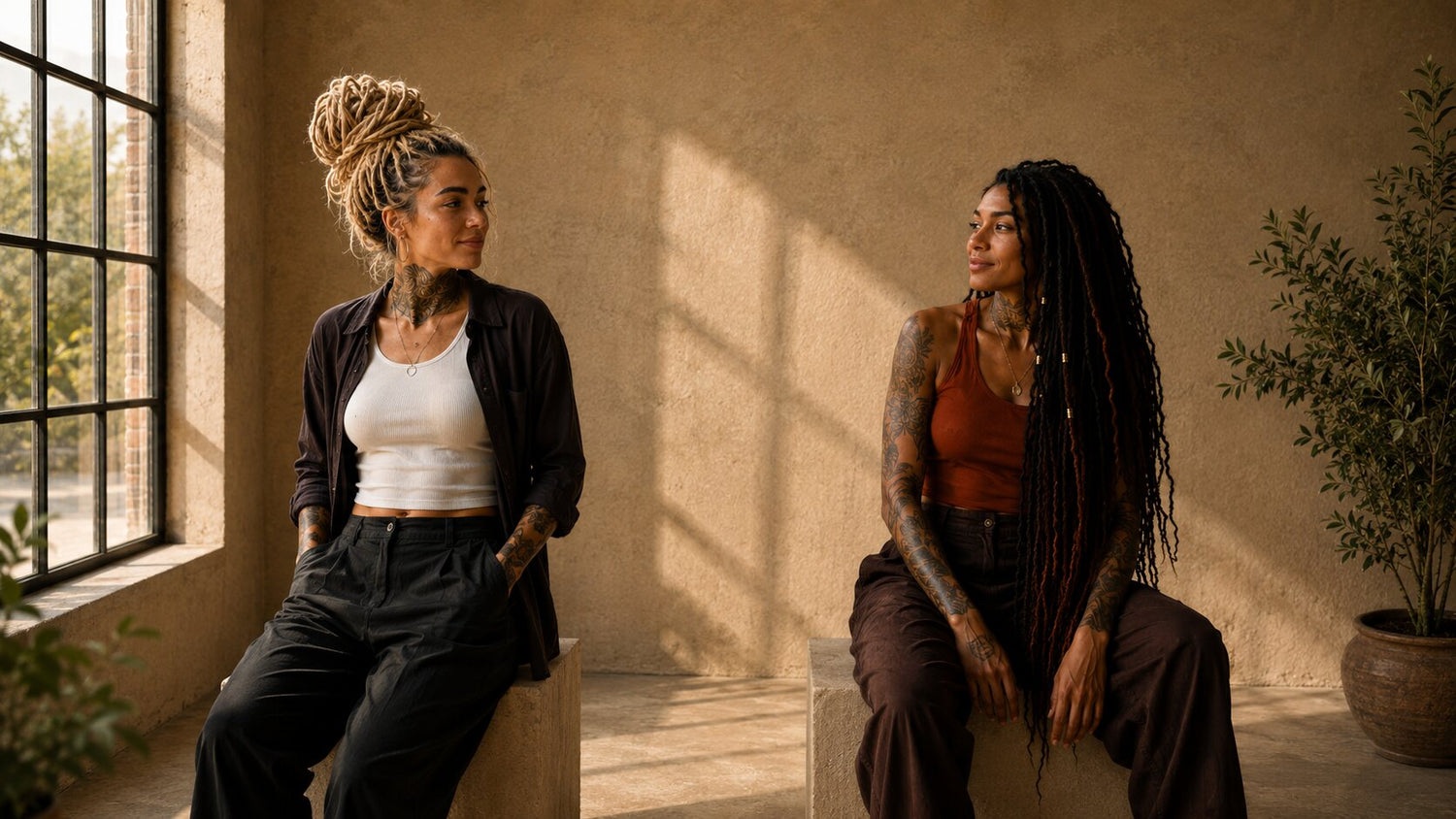 Two models wearing handmade Straight Locs and Kinky Locs by Dreadradar in a warm, natural lifestyle setting, showcasing different loc textures with an authentic look.