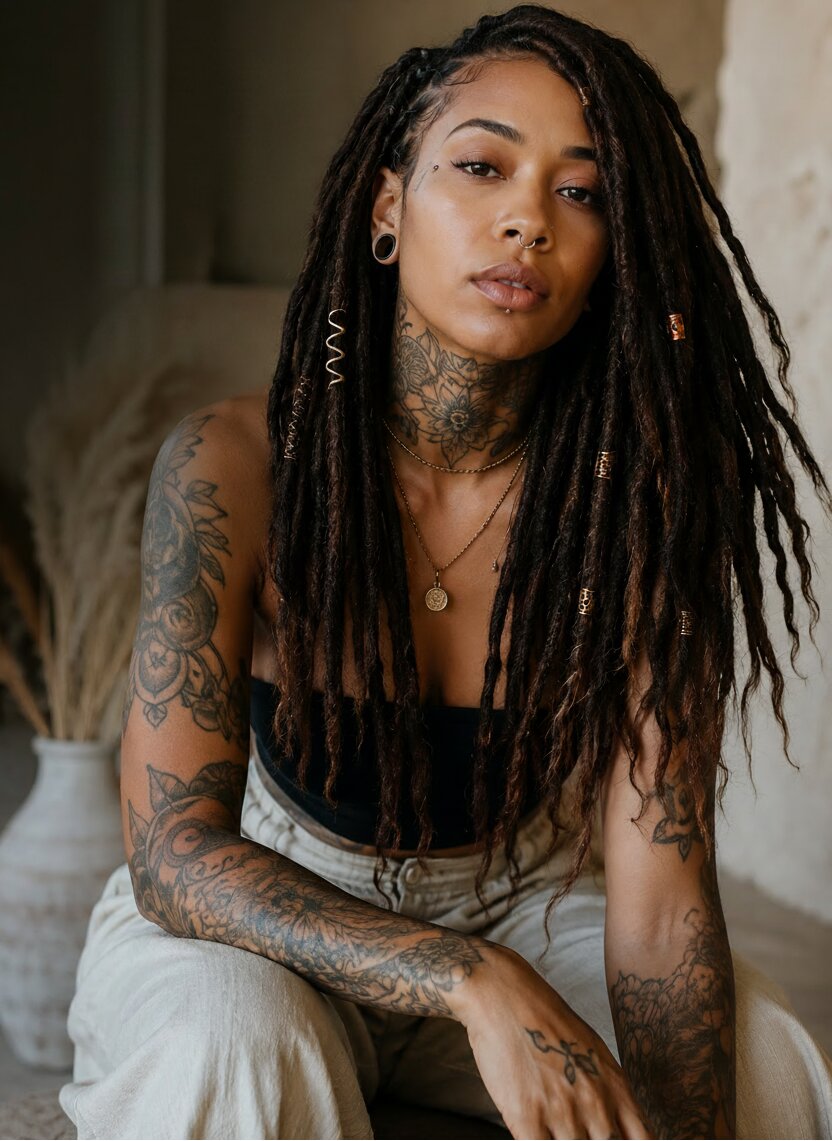 Person wearing long dark brown Kinky Straight Locs with decorative loc jewelry.