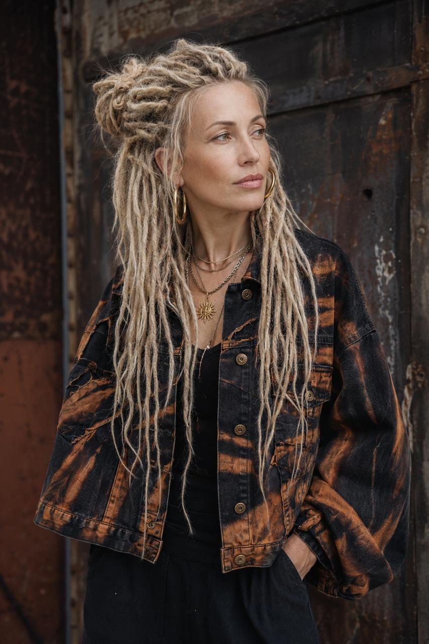 Person wearing long blonde handmade human hair Loc Extensions styled in a half-up hairstyle.