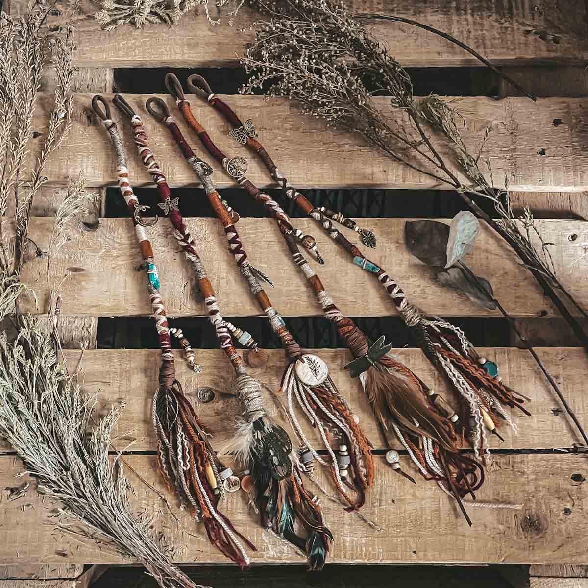 Five CrafterElena Rustic Dreams Hair Wrap designs for locs with handmade nature inspired details