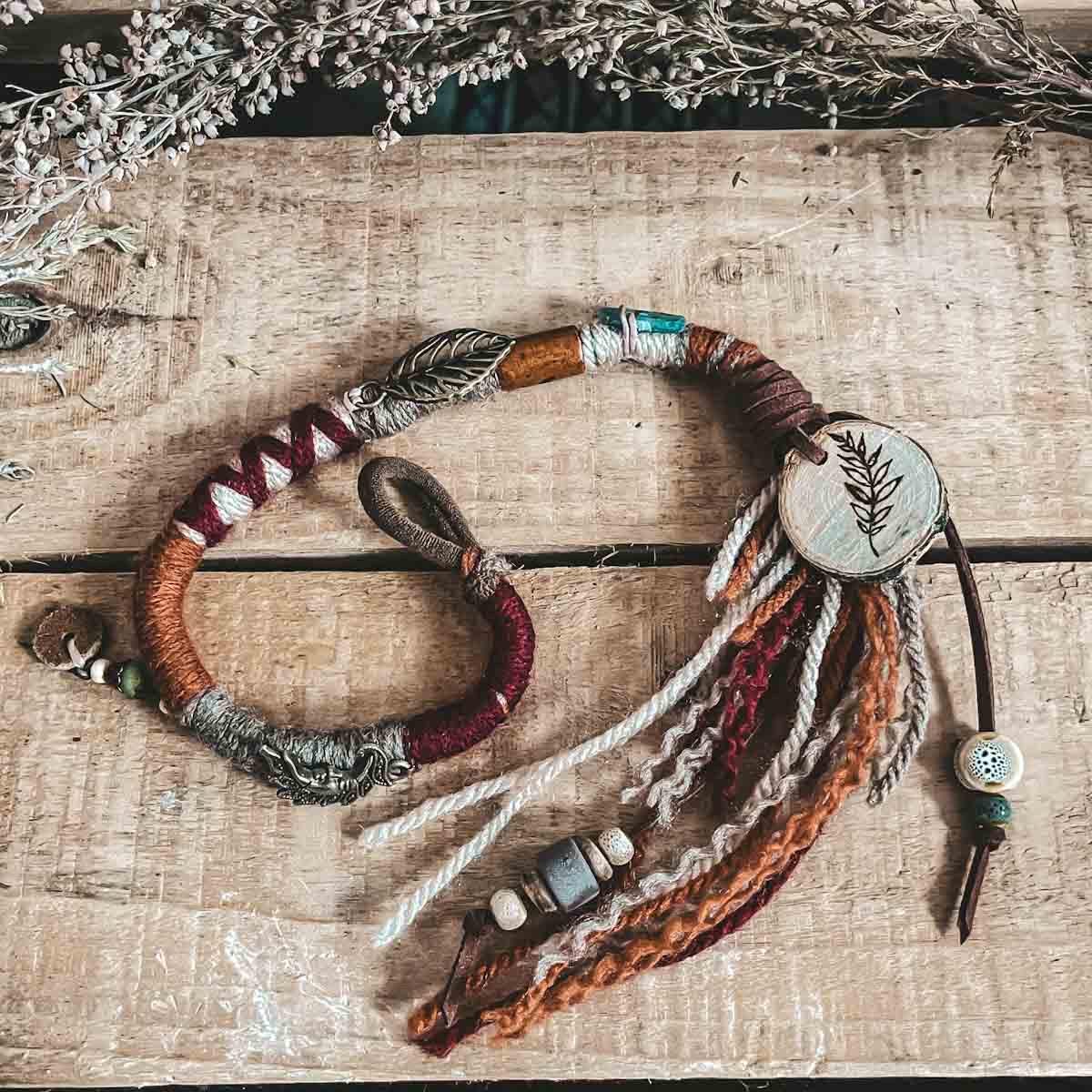 CrafterElena Rustic Dreams Hair Wrap Design 3 for locs with wooden talisman and beads