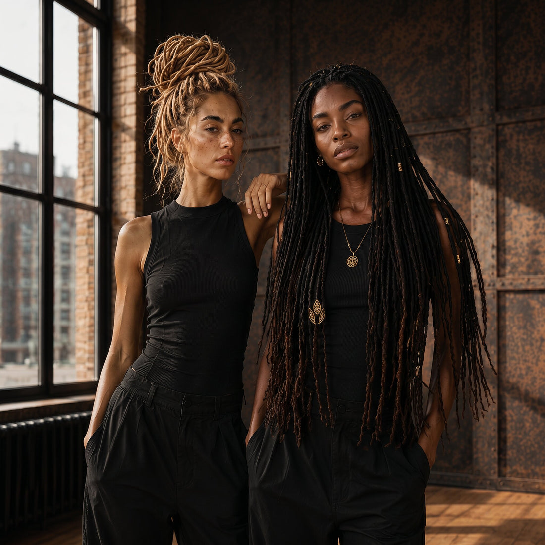 Two people wearing handcrafted human hair Loc Extensions with different textures and colors in a modern studio setting.