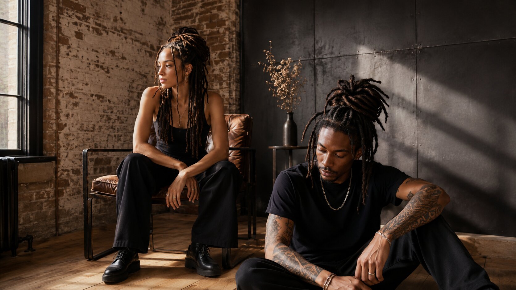 Two people with handmade human hair Locs in a modern studio with natural light