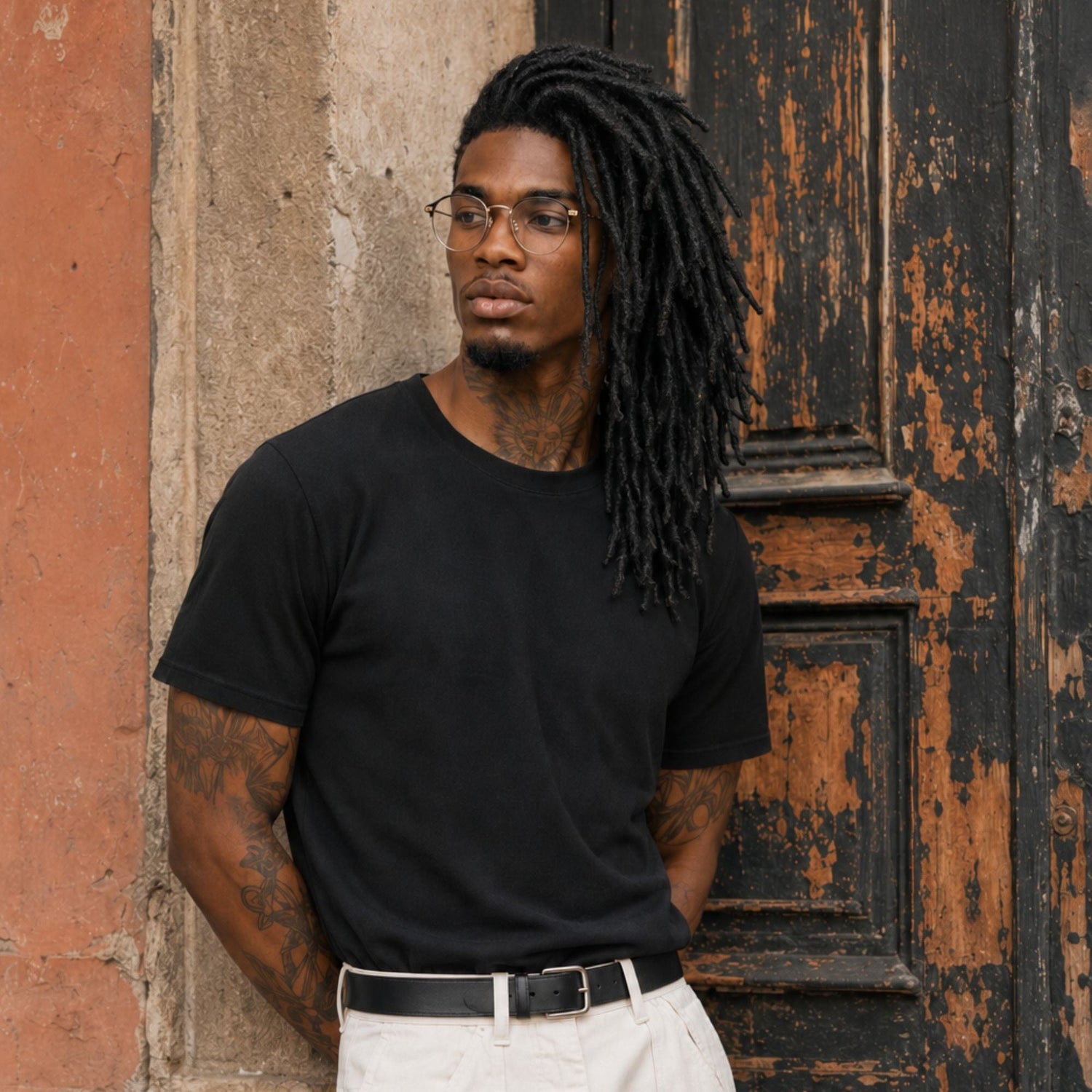 Community model wearing long black human hair loc extensions with a natural look in an urban outdoor setting.