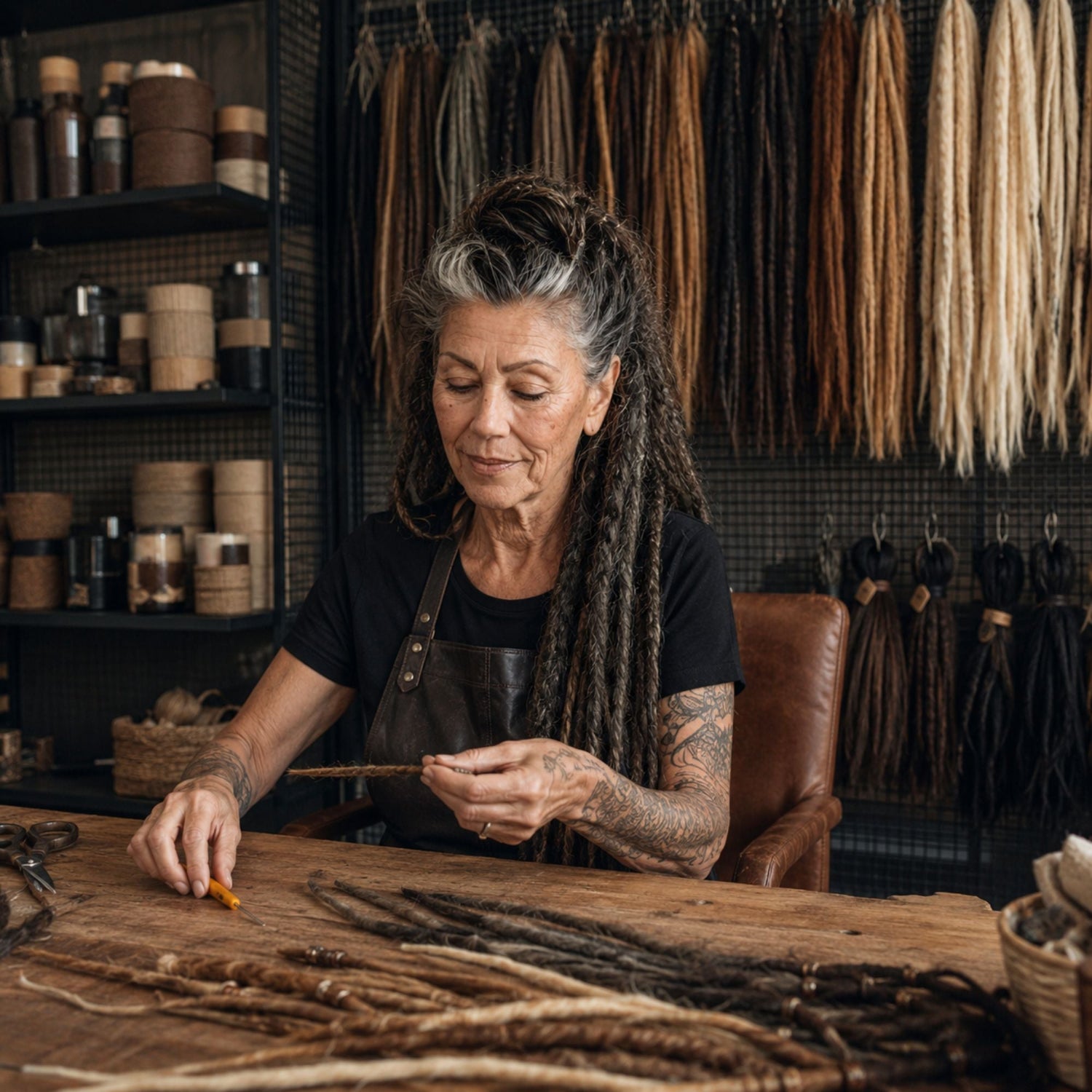 Dreadradar artisan handcrafting premium human hair loc extensions, showcasing traditional craftsmanship, attention to detail, and a wide selection of handmade loc textures in the workshop.