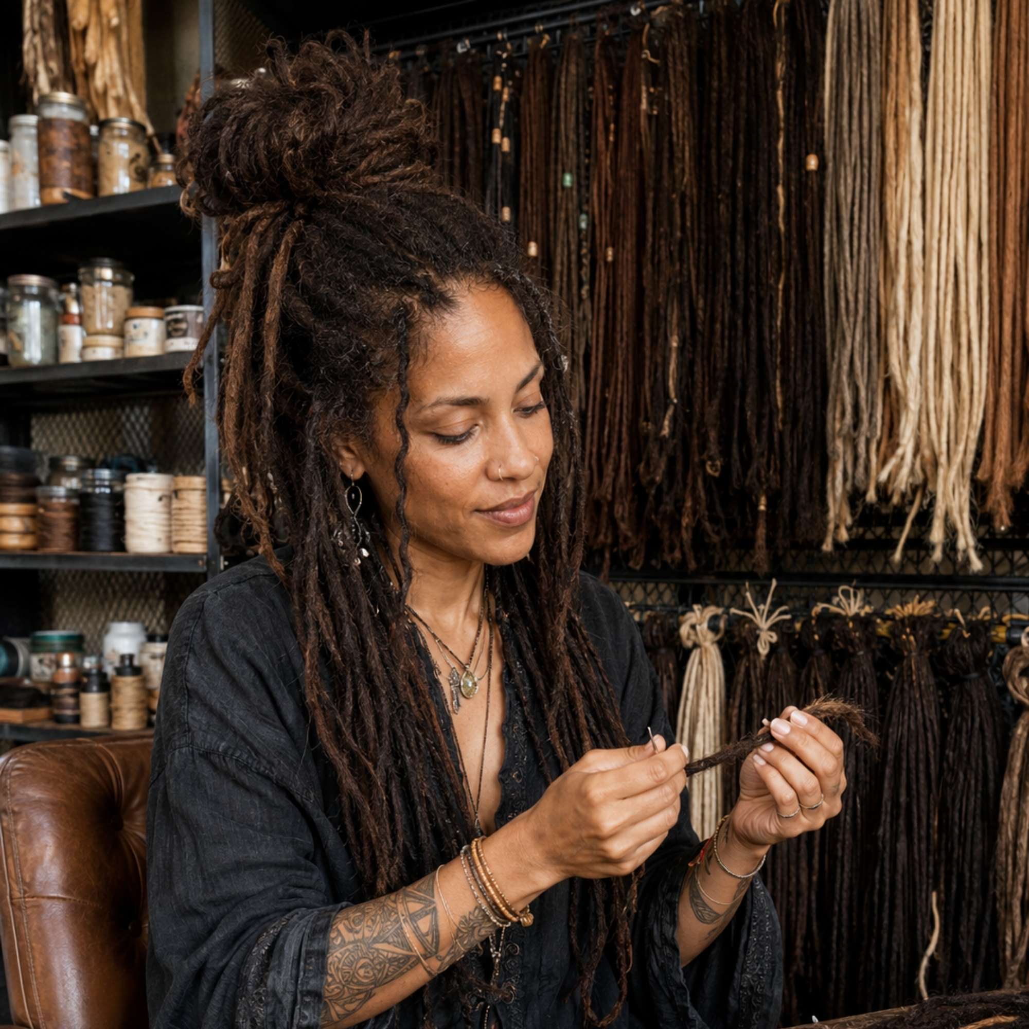 Dreadradar craftsperson carefully inspecting a handmade human hair loc extension, highlighting expert craftsmanship, quality control, and attention to detail in the workshop.