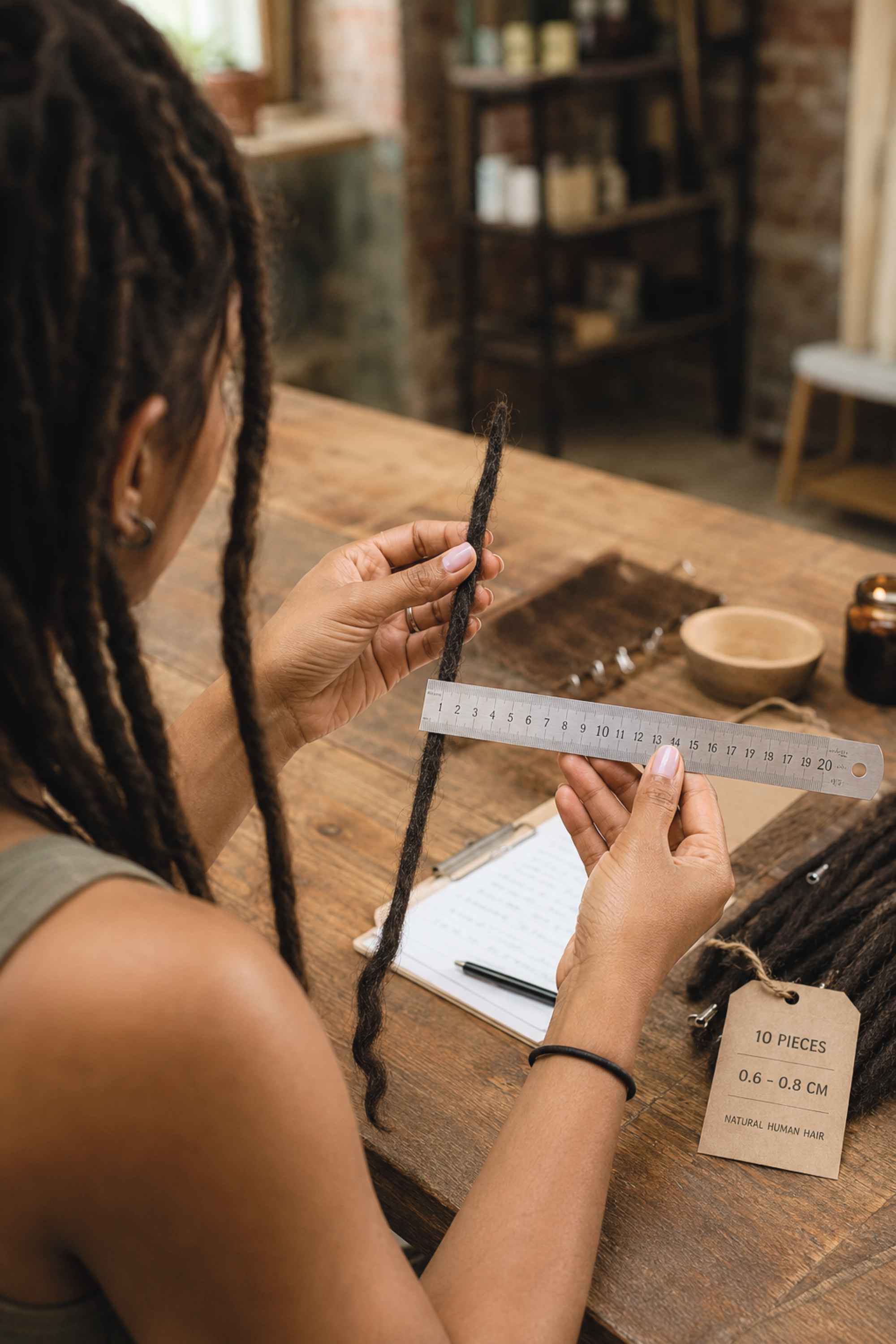 Quality control at Dreadradar, measuring the length and diameter of a handmade loc extension to ensure consistent craftsmanship and premium quality.