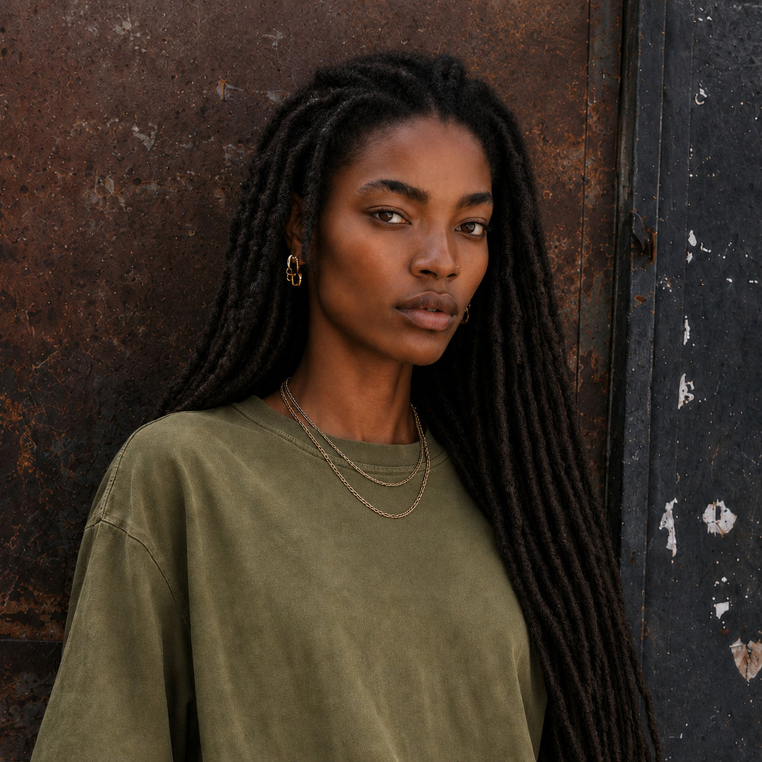 Community model wearing long dark brown kinky loc extensions with a relaxed everyday style.