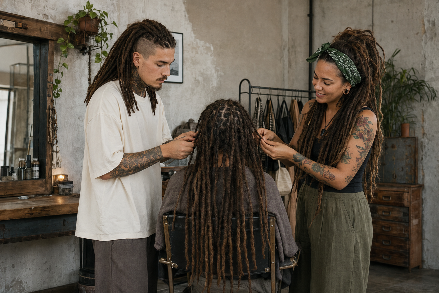 Professional locticians installing handmade human hair loc extensions by Dreadradar, demonstrating expert installation techniques and personalized support in a professional studio.