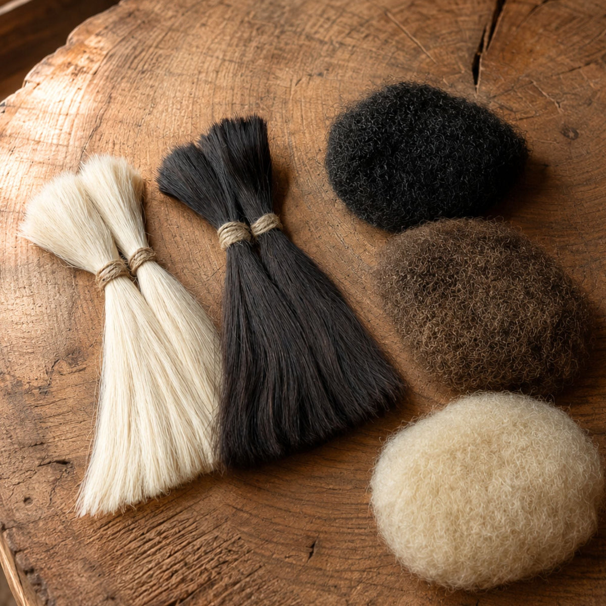 Straight and kinky human hair in black, brown and blonde for handmade Loc Extensions