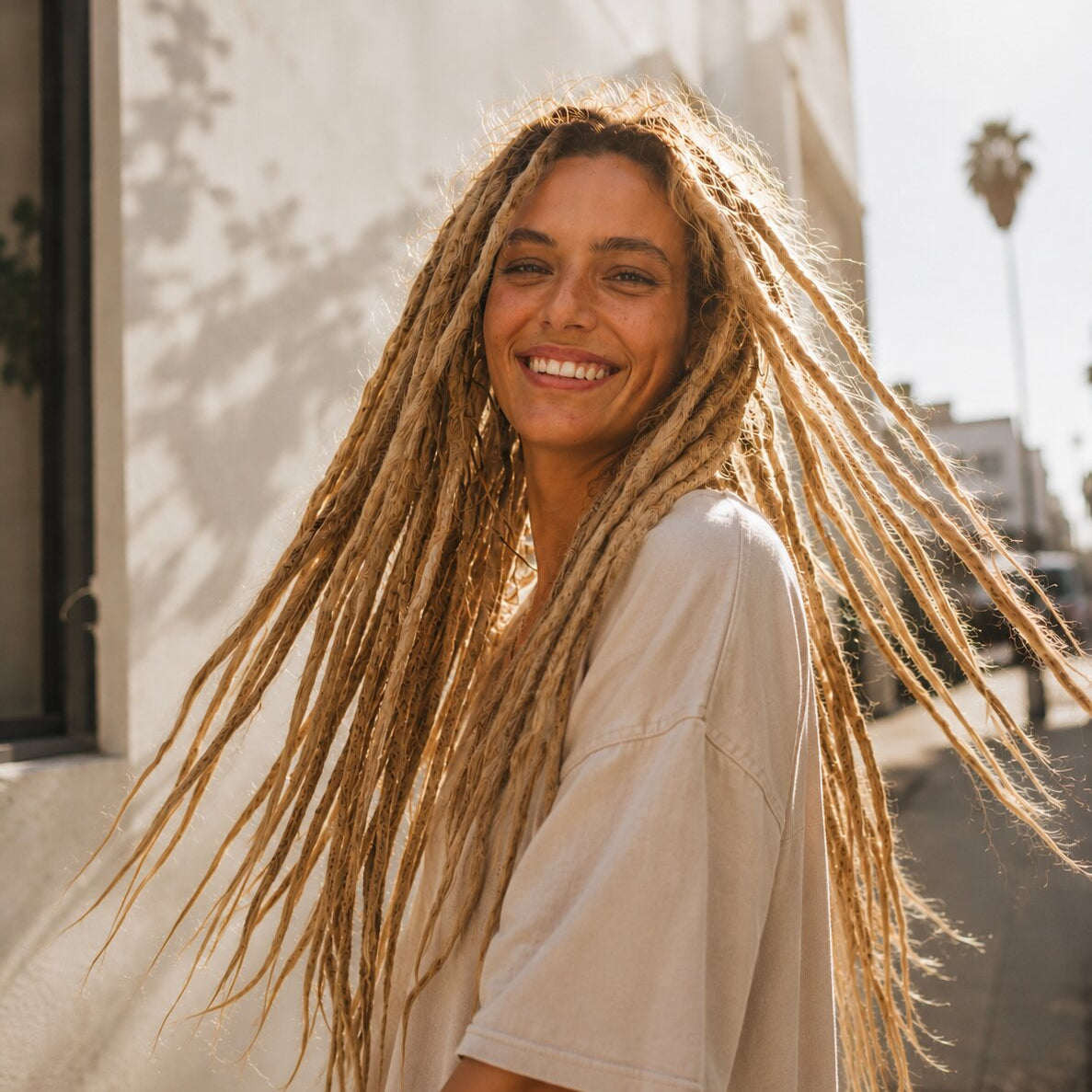 Community model smiling while wearing long blonde straight loc extensions and a relaxed oversized T-shirt outdoors.