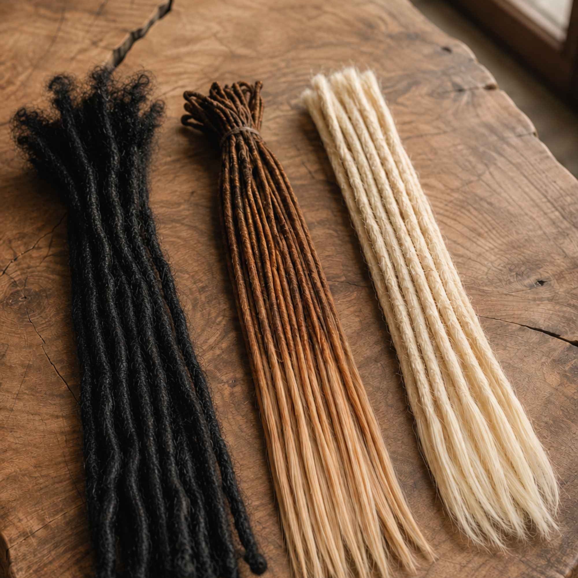 Comparison of handmade Straight Locs and Kinky Locs by Dreadradar, showcasing different loc textures and color variations on a natural wooden surface.
