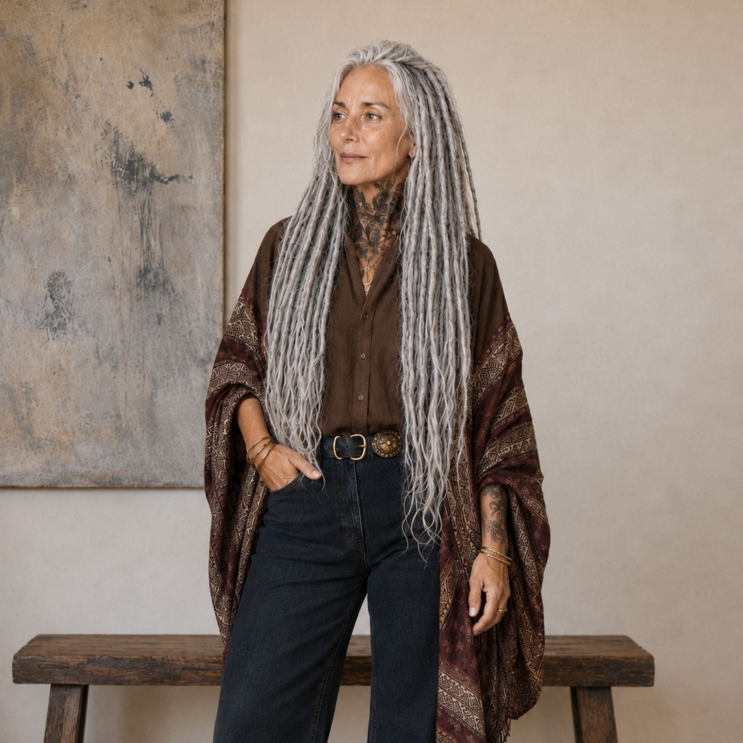 Community model wearing long silver straight loc extensions with a brown shirt, wide-leg jeans and a relaxed boho-inspired style.
