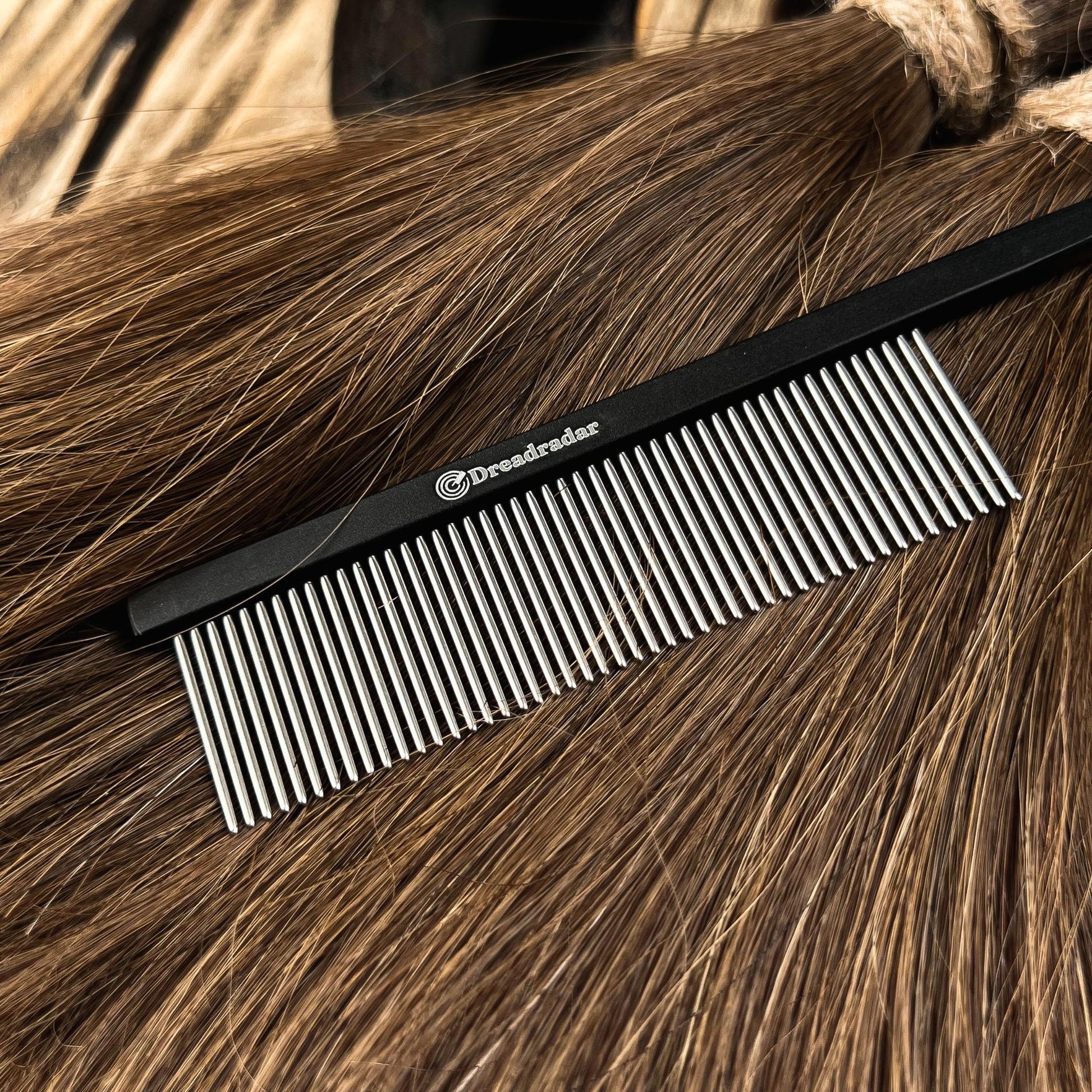 Fine-tooth stainless steel Pin Tail Comb for detangling, smoothing and preparing hair for Loc Extensions.