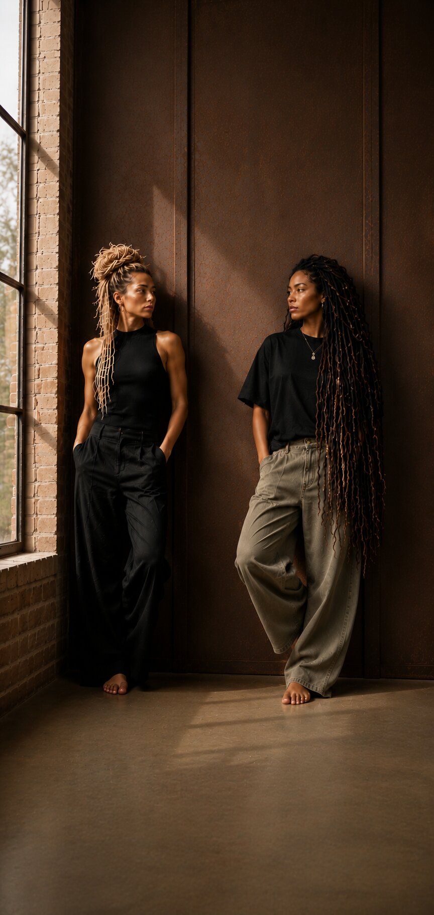 Two people wearing handcrafted human hair Loc Extensions in different textures and colors, representing diverse Loc styles and premium craftsmanship.