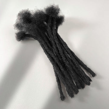 Natural Black kinky human hair blunt end loc extensions made using the crochet method.