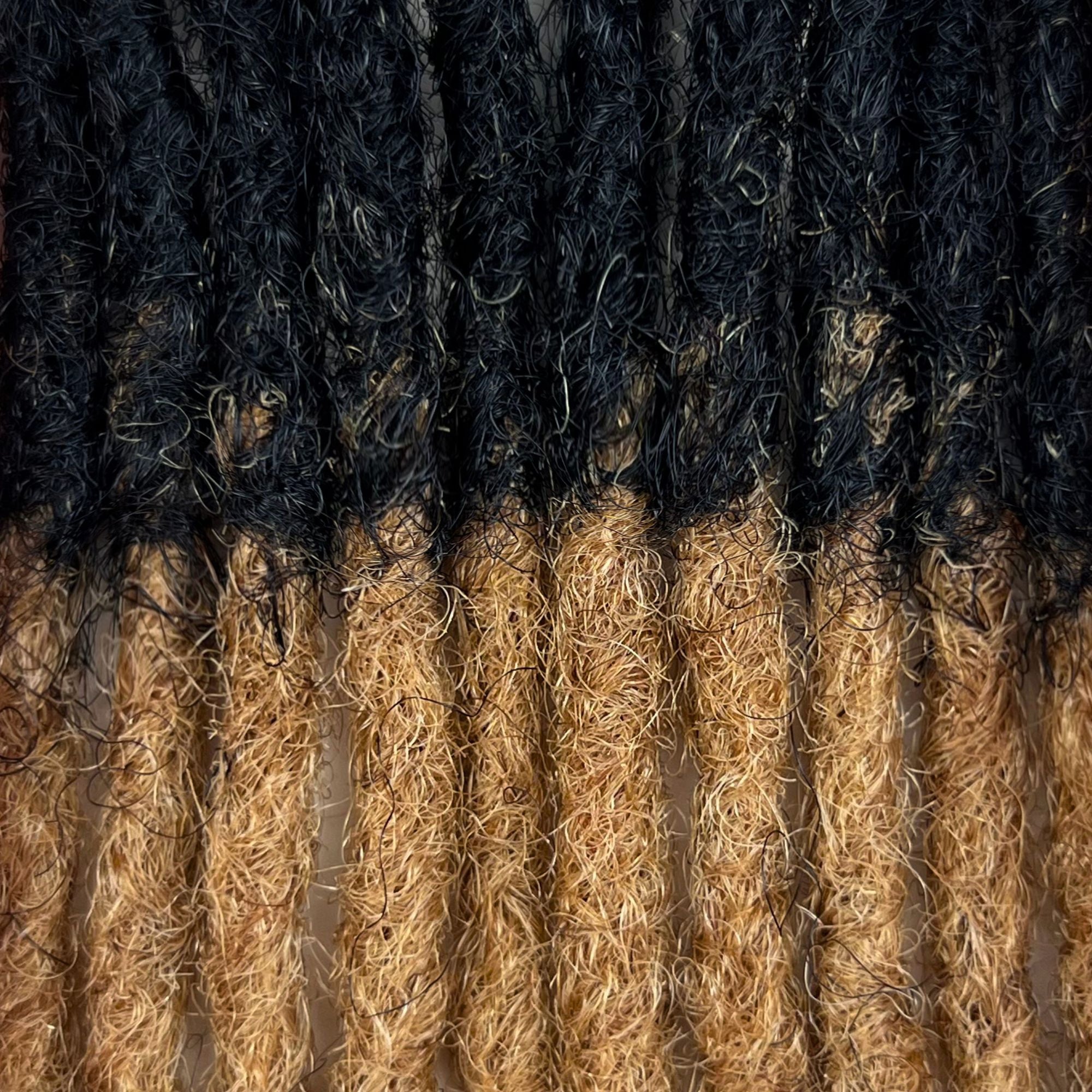 Close-up of Honey Blonde Ombre kinky human hair loc extensions made using the crochet method, highlighting the natural color blend and texture.