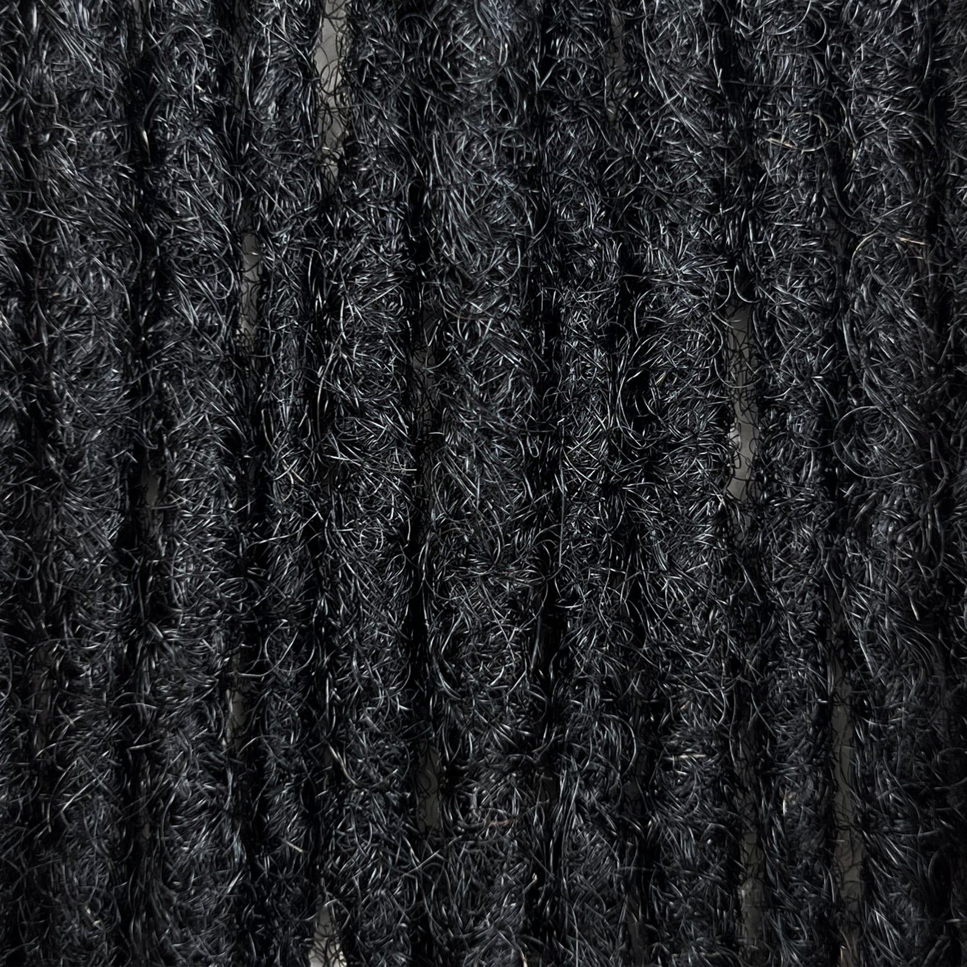 Close-up of Natural Black kinky human hair loc extensions made using the crochet method.