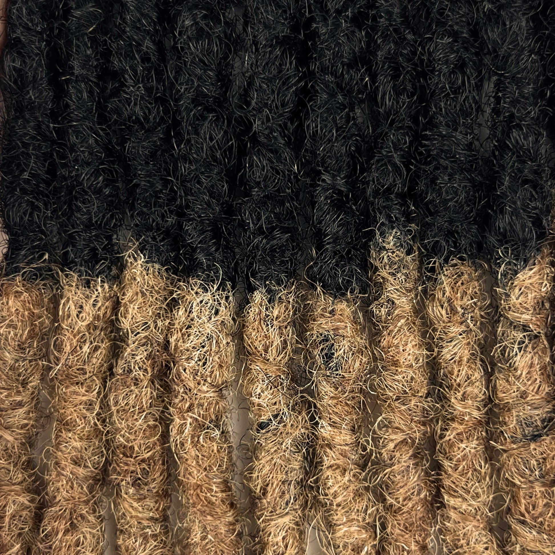 Close-up of Honey Blonde Ombre kinky human hair loc extensions made using the interlocking method.