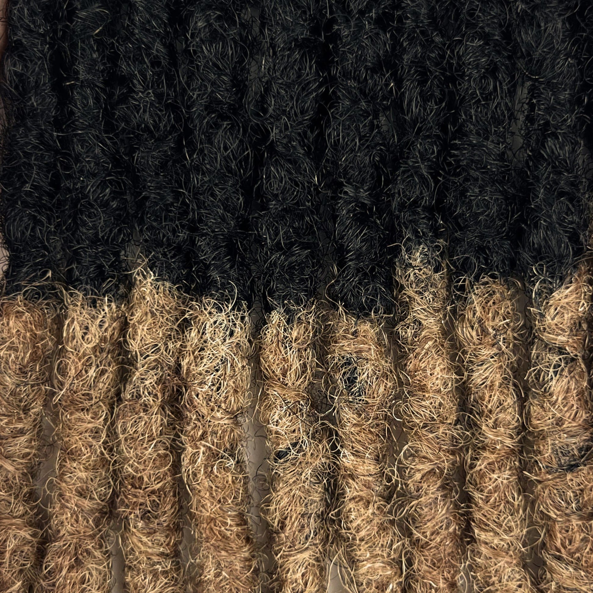 Close-up of kinky loc extensions in Honey Blonde Ombre, showing the texture and color.
