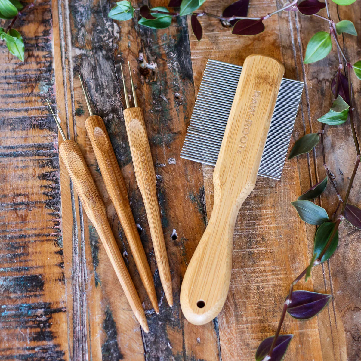Professional Loc tools, including crochet hooks and a Loc comb, for DIY Loc creation, installation, maintenance, and care.