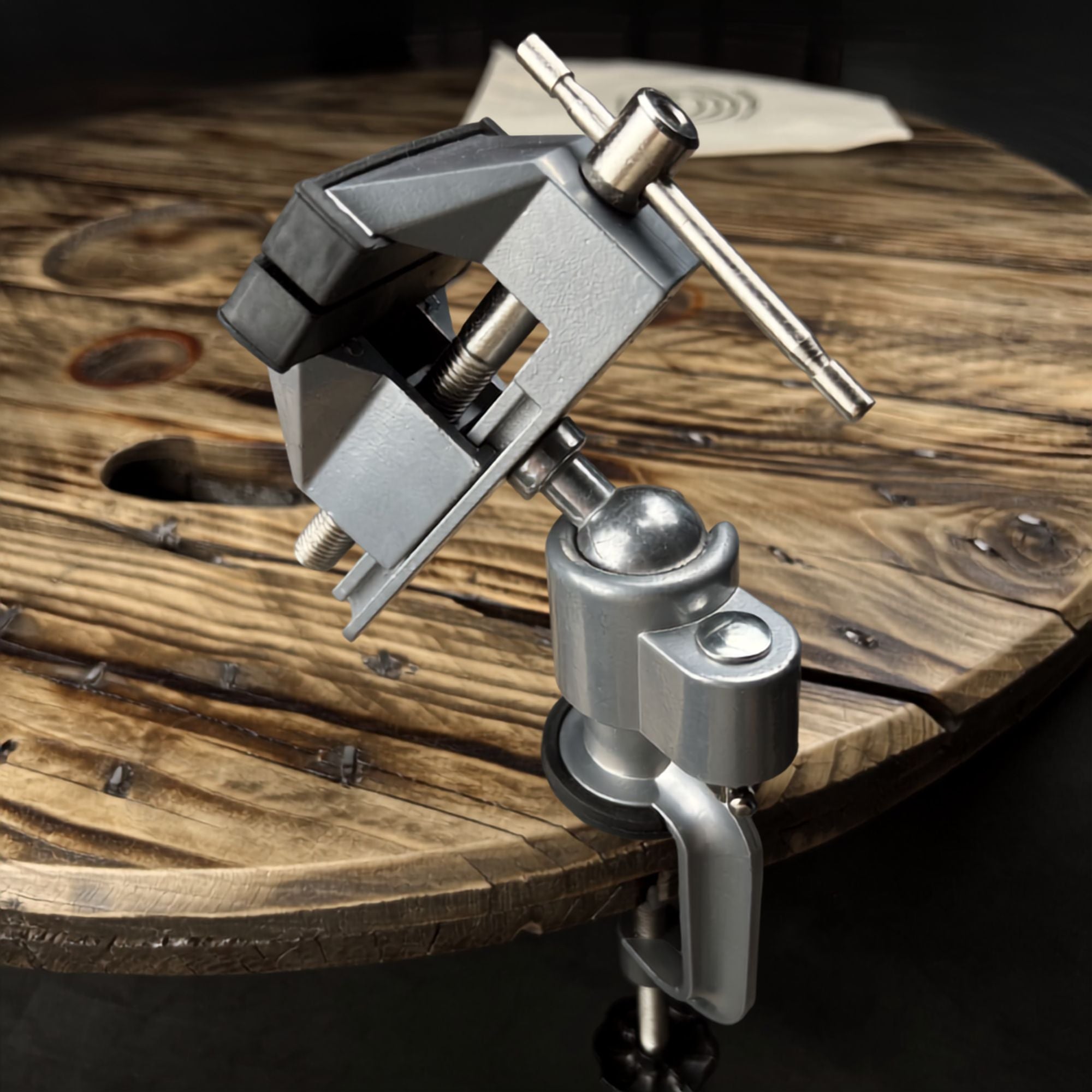 Angled view of the Loc Vise mounted to a work surface for creating handcrafted Locs.