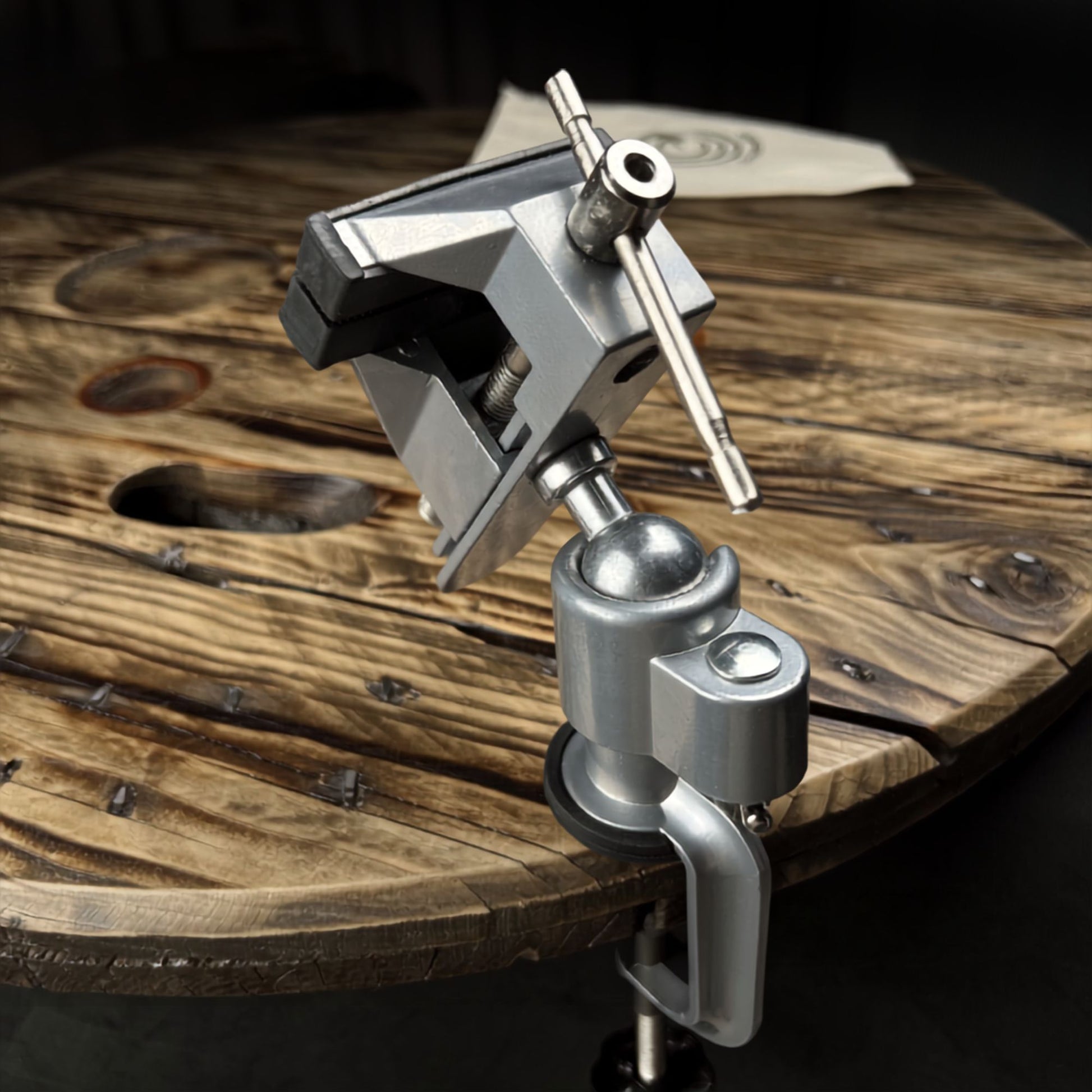 Loc Vise mounted to a work surface for creating handcrafted Locs.