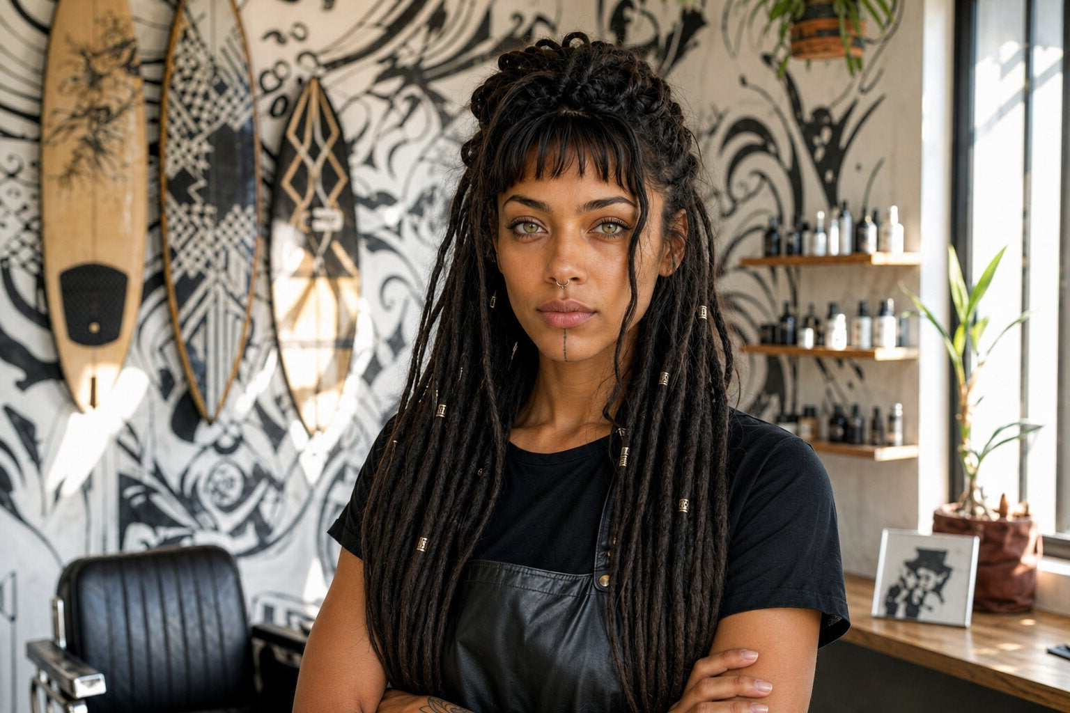 Professional Loctician wearing handcrafted human hair Loc Extensions in a modern studio, showcasing expert Loc craftsmanship.