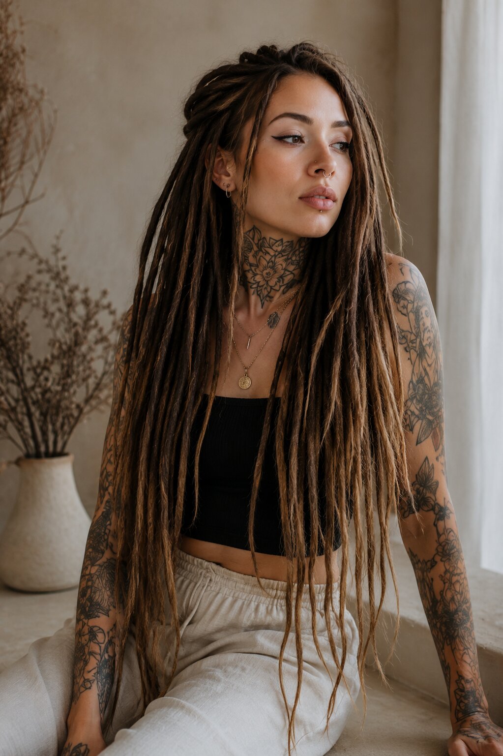 Tattooed woman wearing long brown straight human hair Loc Extensions with open ends.