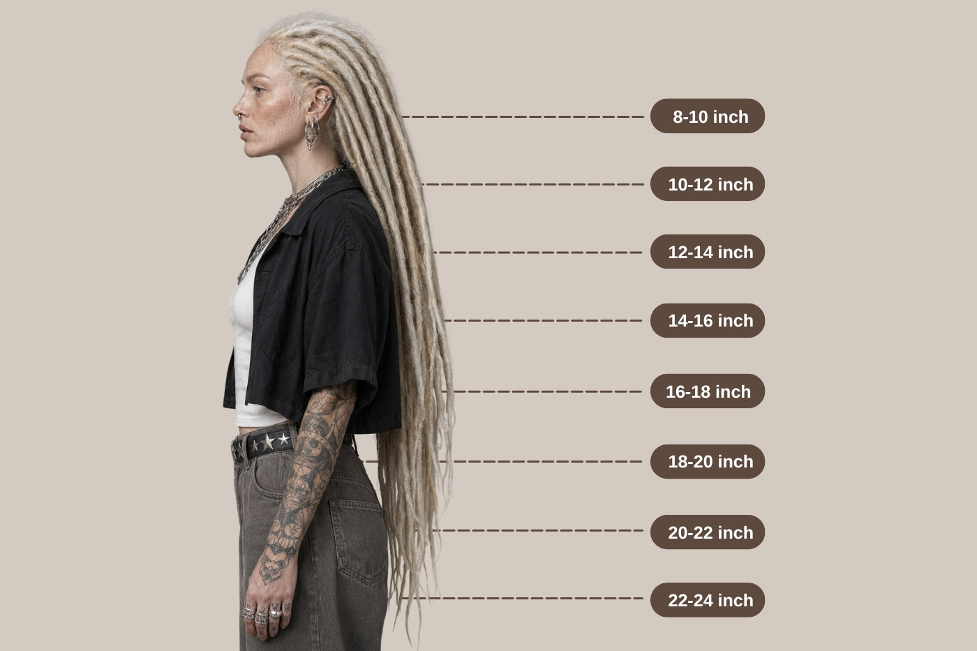 Straight Human Hair Loc Extensions length guide showing how different extension lengths look when worn, from 8 to 24 inches.