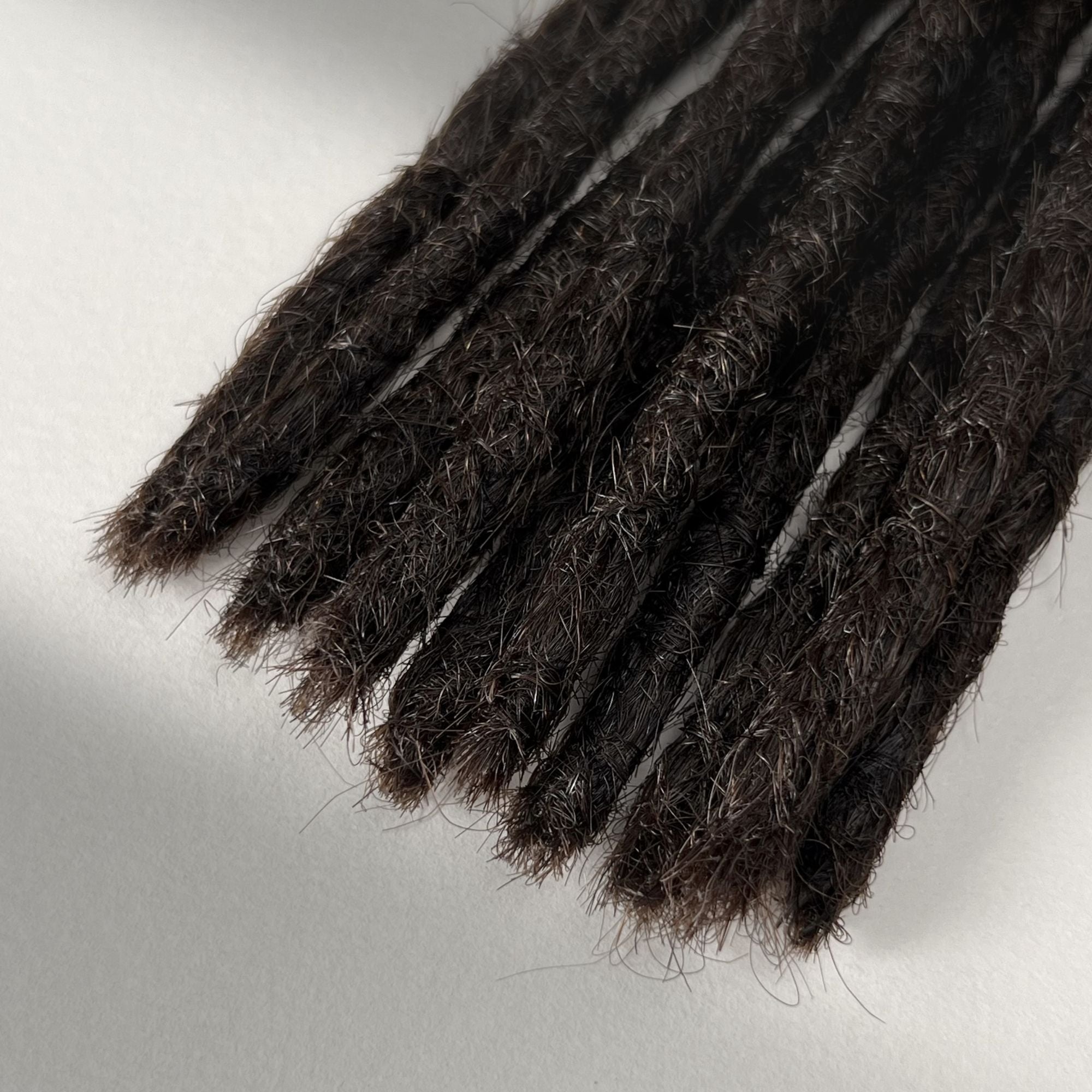 Tip detail of straight loc extensions with blunt ends in Warm Caramel Brown.