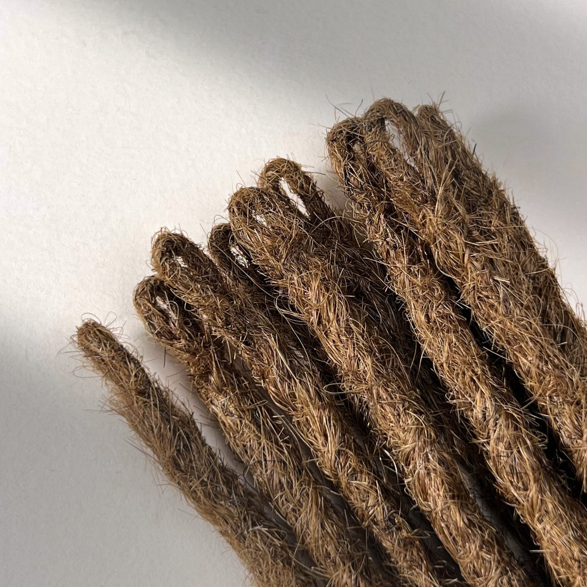 Loop detail of temporary single-ended straight loc extensions in Honey Brown.
