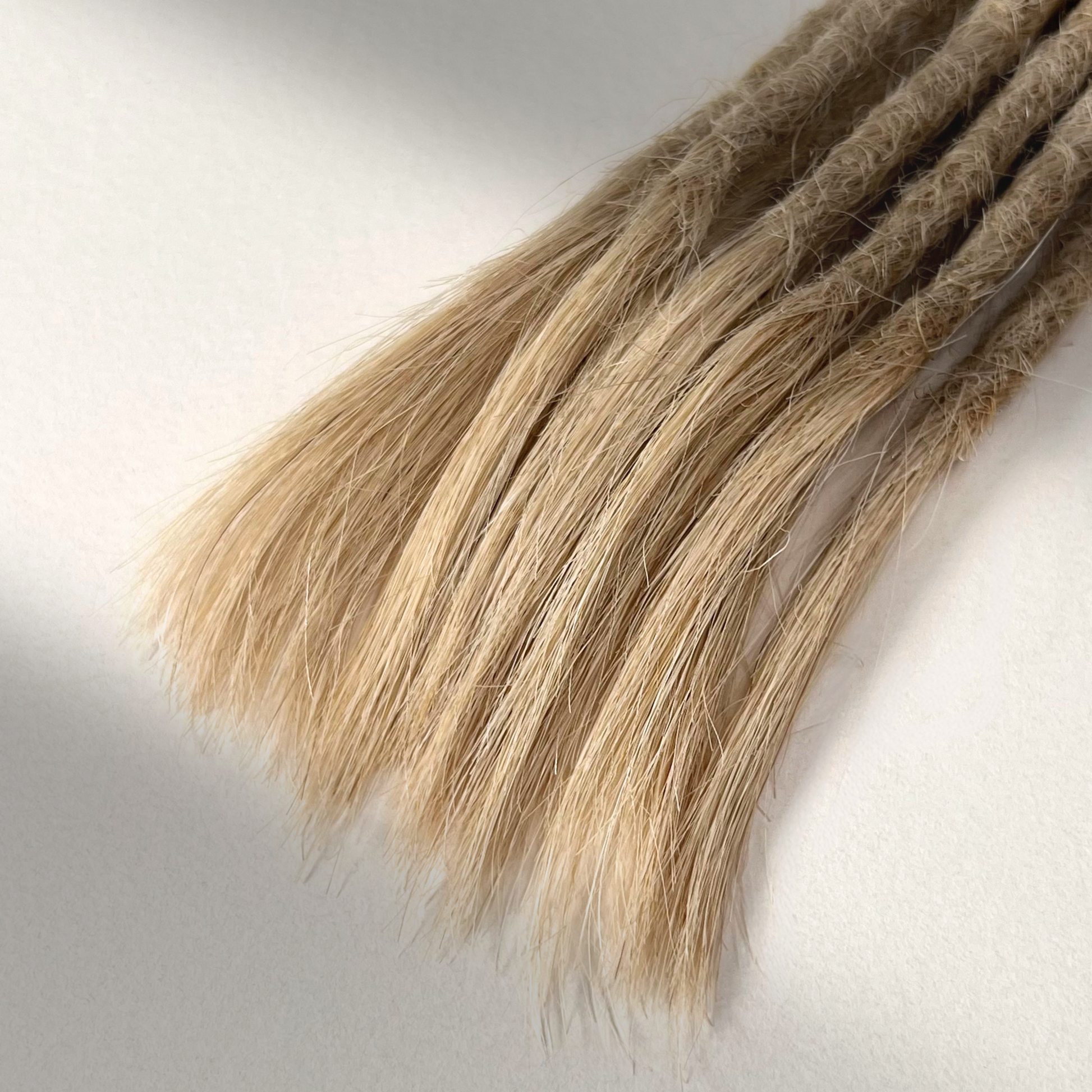 Tip detail of straight loc extensions with open ends in Sunlit Blonde.