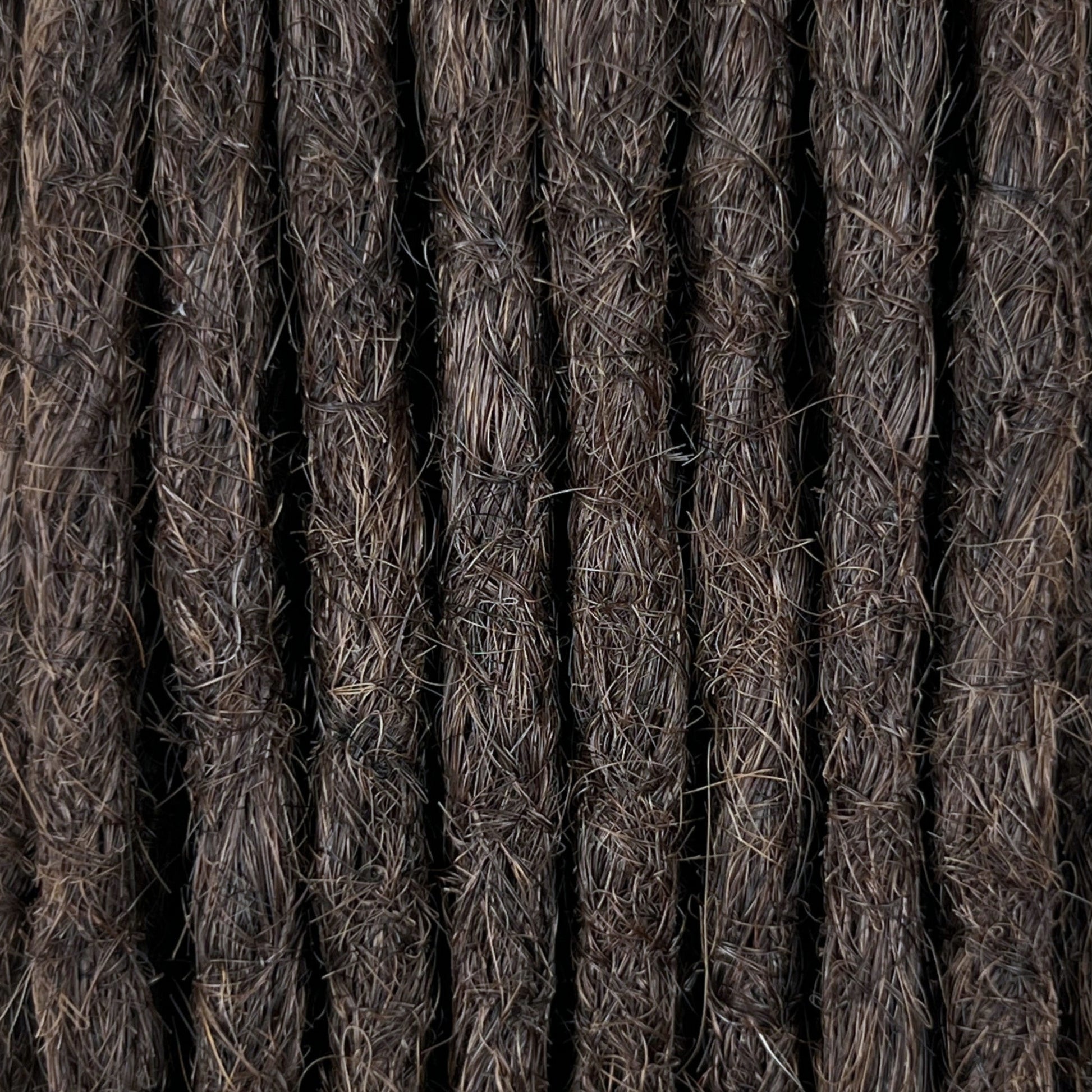 Close-up of straight loc extensions in Warm Espresso Brown, showing the texture and color.