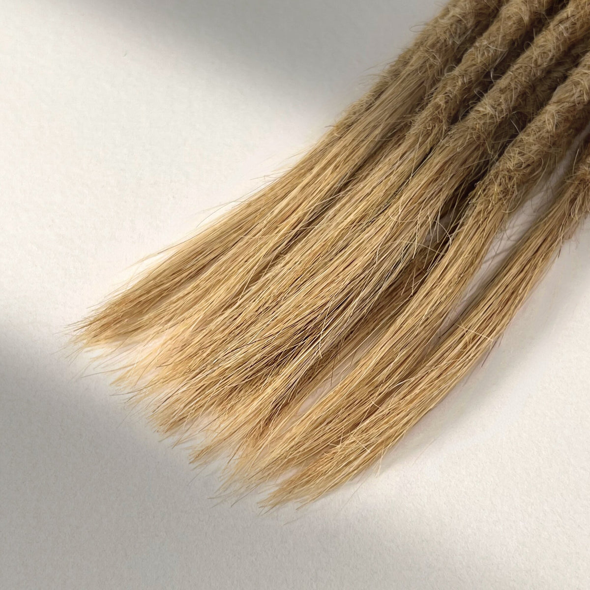 Tip detail of straight loc extensions with open ends in Warm Beige Blonde.